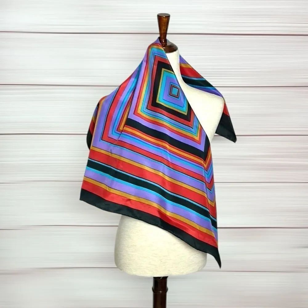 Baar & Beards Silk Square Scarf Colorful Striped Hand Rolled 30x30”